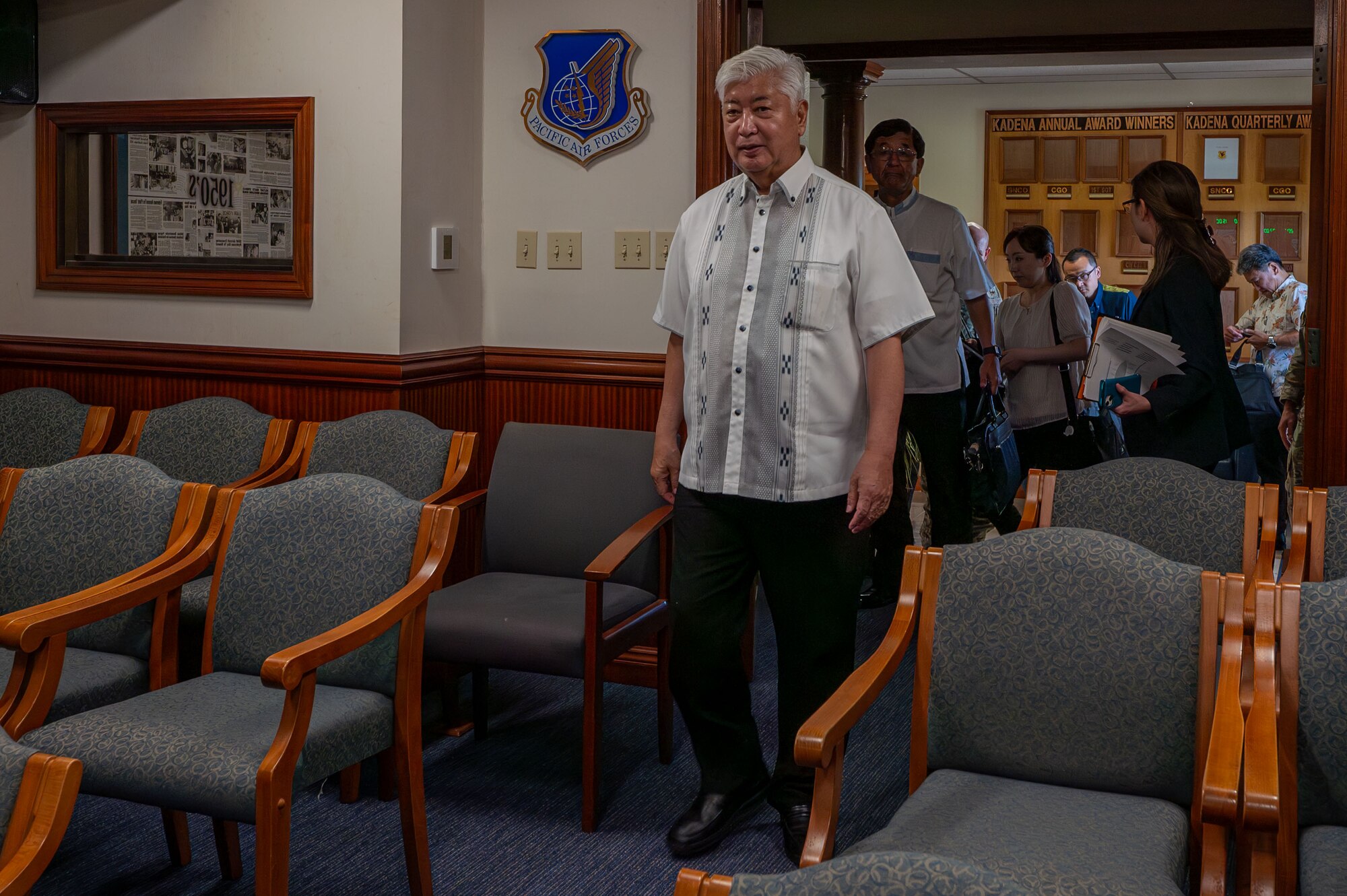 Honorable Gen Nakatani, Japan's Minister of Defense, attends an 18th Wing mission briefing during his visit to Kadena Air Base, Japan, June 23, 2025.