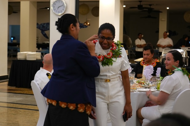 U.S. Public Health Service Lt. Cmdr. Lusi Martin-Braswell, Dietician deployed in support of Pacific Partnership 2025 (PP-25), receives a Tongan ceremonial garland during a closing ceremony at the Tanoa International Dateline Hotel as part of PP-25 in Nuku’Alofa, Tonga, June 27, 2025.