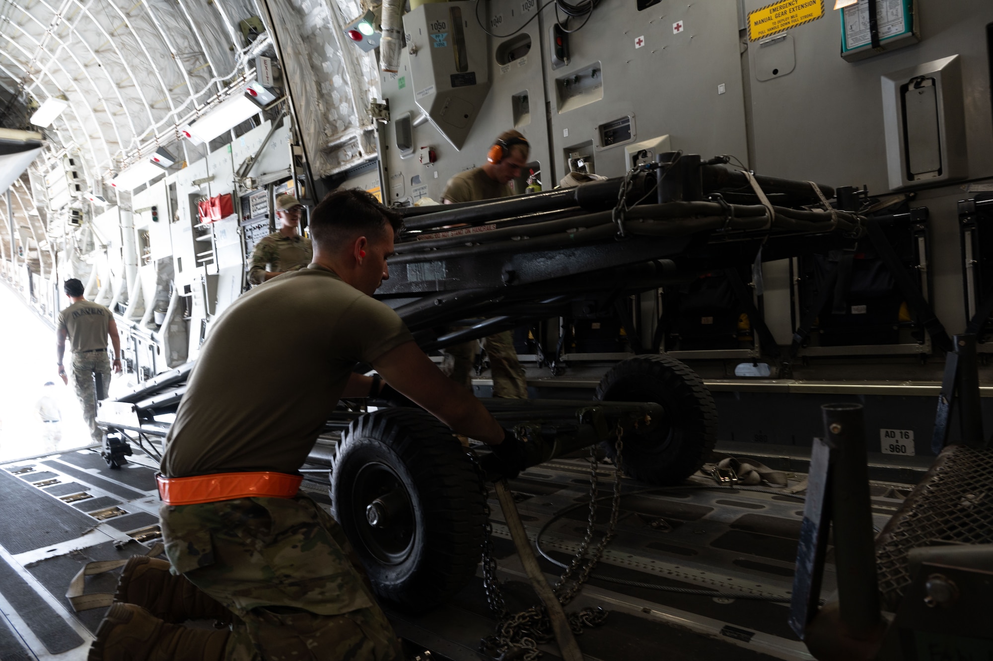 U.S. Air Force Airmen assigned to the 379th Expeditionary Air Base Group load equipment during a rapid aircraft departure within the U.S. Central Command area of responsibility June 15, 2025. Rapid aircraft departures are used to increase the survivability of personnel and airframes. (U.S. Air Force photo by Senior Airman Dieondiere Jefferies)