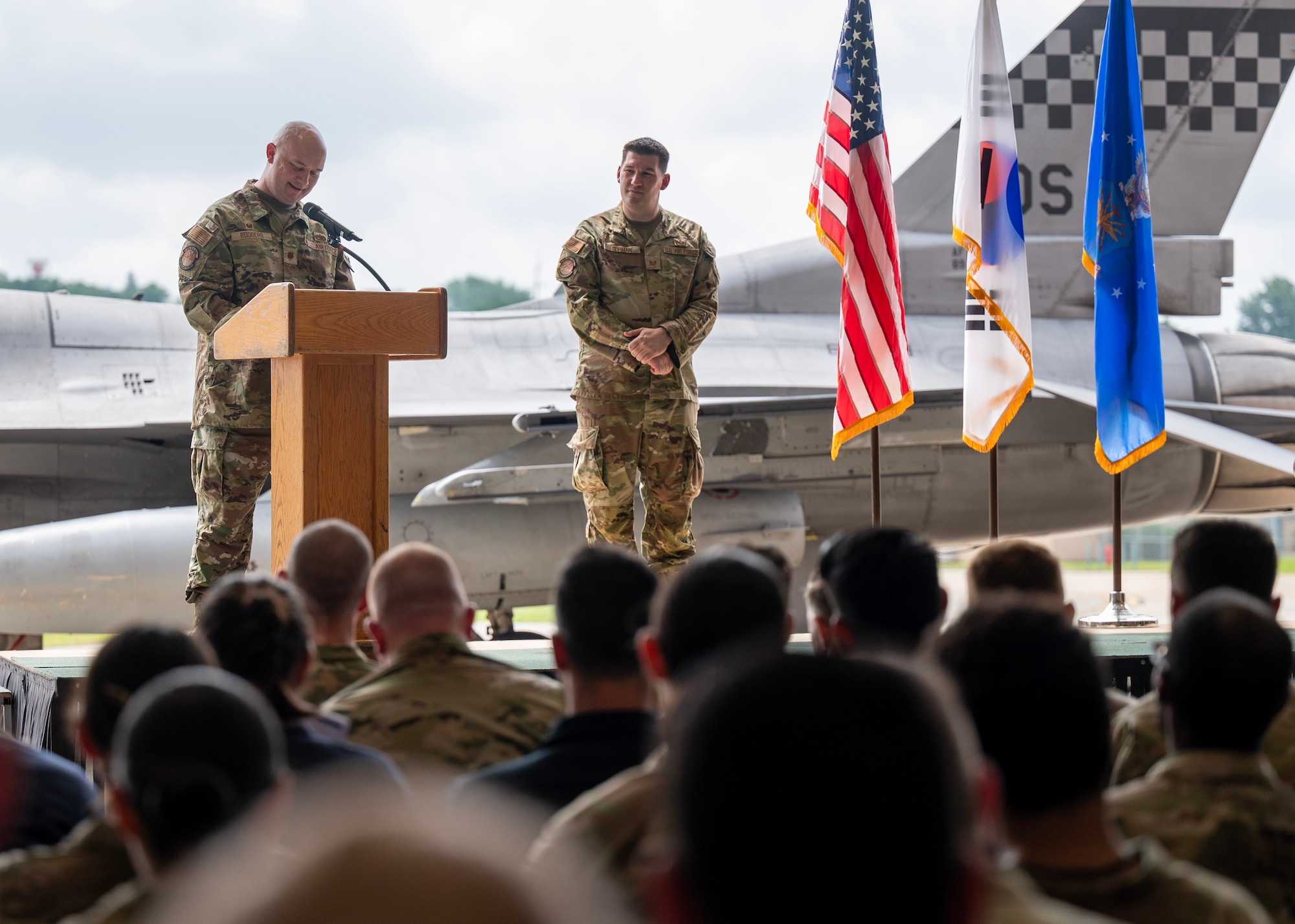 U.S. Air Force Maj. Jedidiah Rodgers, incoming 51st Maintenance Squadron commander, delivers remarks during a Change of Command ceremony at Osan Air Base, Republic of Korea, July 2, 2025. The 51st MXS is the most permanently forward-deployed maintenance back-shop squadron in the world and is responsible for conducting on-and-off equipment maintenance for F-16 Fighting Falcons. (U.S. Air Force photo by Staff Sgt. Sarah Williams)
