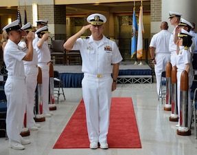 Captain Ken D. Radford departs the Navy Medicine Readiness and Training Command (NMRTC) Patuxent River change of command ceremony June 27, 2025. Captain Jeremy J. Hawker relinquished command to Radford as the ceremony marks the transition of leadership for the command which encompasses NMRTC Patuxent River, Navy Medicine and Readiness Training Unit (NMRTU) Dahlgren, NMRTC Detachment Indian Head, and NMRTC Detachment Joint Base Andrews. These locations provide essential medical support to over 90 tenant commands across the region. The Commanding Officer of NMRTC Patuxent River also serves as the Director for Naval Health Clinic Patuxent River and its branch clinics.