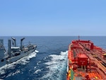 Republic of Korea’s Cheonji-class fast combat support ship ROKS Daecheong (AOE-58) connects its fuel line to Military Sealift Command’s commercial charter oiler MT Allied Pacific during conducted a simulated consolidated cargo replenishment at sea (CONSOL), at Chinhae, June 19, 2025. (Courtesy photo)