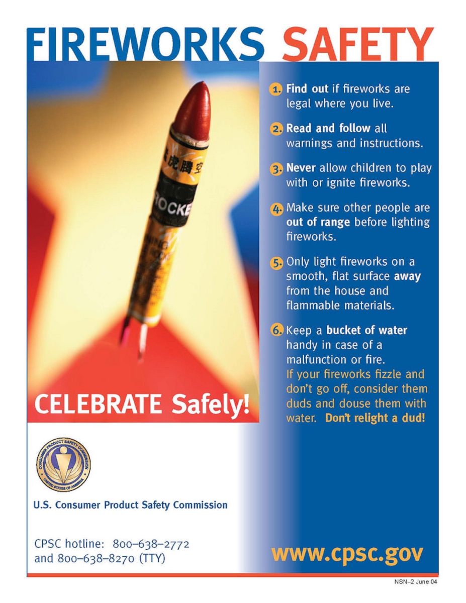 Arnold Air Force Base Fire and Emergency Services team members are urging colleagues to keep safety in mind while celebrating the Fourth of July holiday, including following the proper guidance if opting to set off fireworks. (U.S Consumer Product Safety Commission graphic)