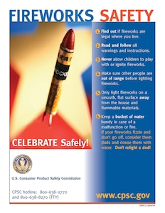 Arnold Air Force Base Fire and Emergency Services team members are urging colleagues to keep safety in mind while celebrating the Fourth of July holiday, including following the proper guidance if opting to set off fireworks. (U.S Consumer Product Safety Commission graphic)