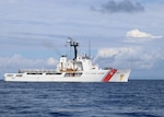 The Coast Guard Cutter Reliance steams in the Caribbean Sea during contraband transfer operations with the Coast Guard Cutter Tampa Nov. 23, 2020. The Reliance crew completed a 36-day Caribbean Patrol in support of counter-drug operations for Joint Interagency Task Force–South. (U.S. Coast Guard photo courtesy of Coast Guard Cutter Reliance)