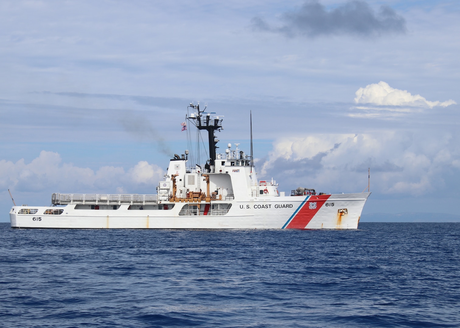 The Coast Guard Cutter Reliance steams in the Caribbean Sea during contraband transfer operations with the Coast Guard Cutter Tampa Nov. 23, 2020. The Reliance crew completed a 36-day Caribbean Patrol in support of counter-drug operations for Joint Interagency Task Force–South. (U.S. Coast Guard photo courtesy of Coast Guard Cutter Reliance)