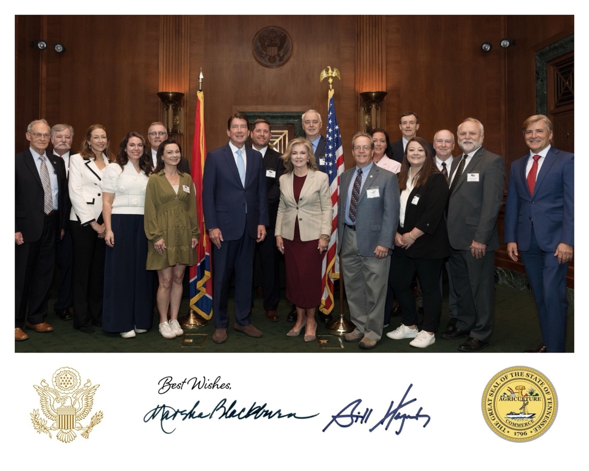 Members of the Arnold Community Council pose for a photo with U.S. Senators Marsha Blackburn and Bill Hagerty in Washington, D.C., during the annual ACC “DC Fly-In,” April 29, 2025. The ACC delegation and several Tennessee Congressional staffers met with U.S. Air Force leaders and Congressional leaders and their staff members to discuss issues that are important to the 13-county Arnold Air Force Base community that supports the Arnold Engineering Development Complex, headquartered at Arnold AFB, and its eight geographically separated units, as well as other topics. Pictured from left are Jack Koletty, Dave Duesterhaus, Terri Miller, Hope Sartain, Ricky Peters, Anne Hosea-Majors, Hagerty, Michael Lynch, Blackburn, Tullahoma Mayor Lynn Sebourn, Jim Jolliffe, Misty Weaver, Rob McAmis, Cassie Fullmer, Don Wheeler, Gerald Burnett and David Miller. (Courtesy photo)