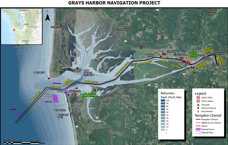 Photo illustration of mapped project area in Grays Harbor, Inner Harbor, Washington, where maintenance dredging operations will begin July 16, and be completed by Feb. 14, 2026.