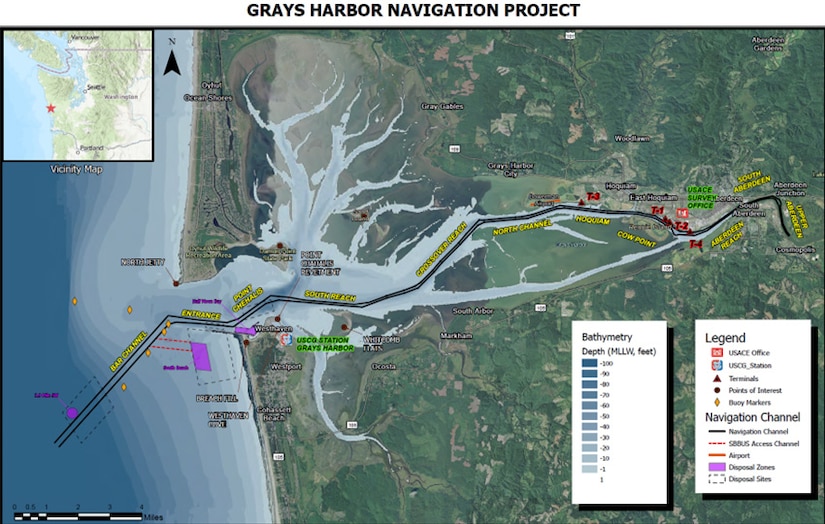 Photo illustration of mapped project area in Grays Harbor, Inner Harbor, Washington, where maintenance dredging operations will begin July 16, and be completed by Feb. 14, 2026.
