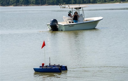DAHLGREN, Va. – A team’s autonomous BlueBoat zeroes in on a research vessel serving as the mission’s target of interest. The mission was the main event for a Workforce Development Innovation Challenge to develop a small, unmanned vessel with commercially available software and hardware to conduct autonomous intelligence, surveillance and reconnaissance missions on the water. (Dave Ellis/NSWCDD Photo)