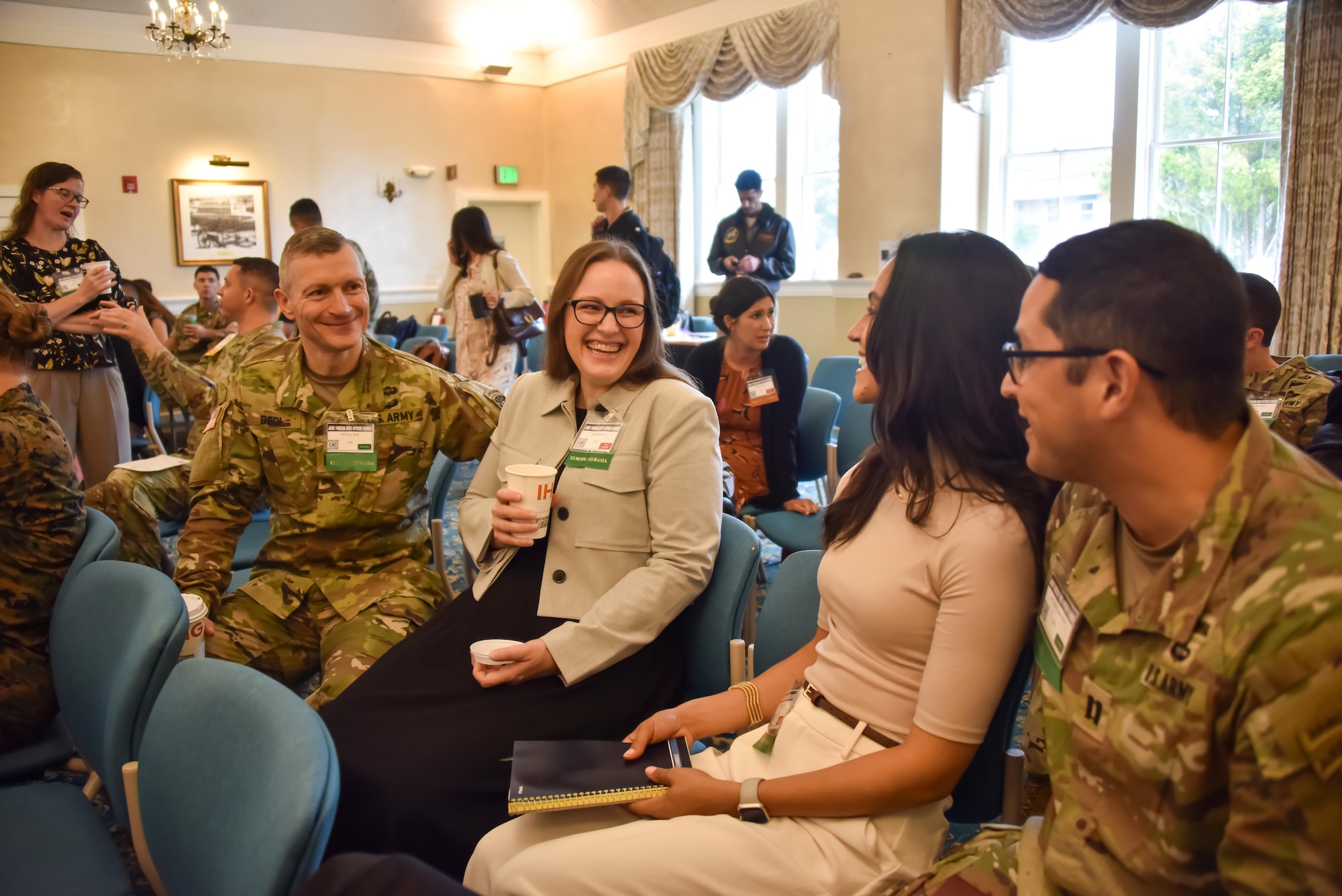 Foreign Area Officers and their spouses meet during the launch of Phase 1 of the Joint Foreign Area Officer Course at the Weckerling Center on the Presidio of Monterey June 23-27, 2025.
