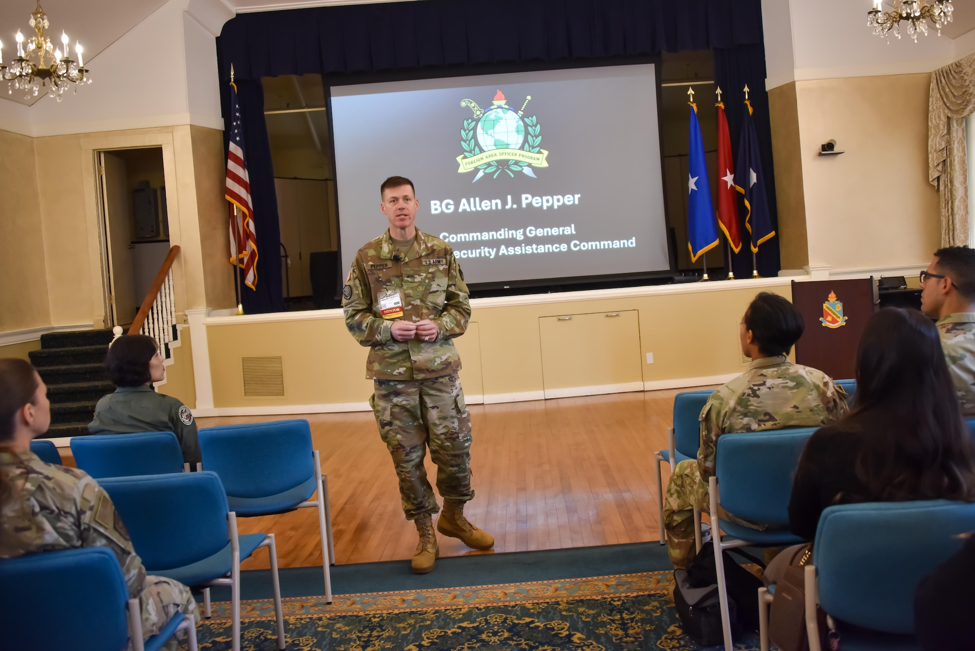 Brig. Gen. Allen Pepper, Commanding General at U.S. Army Security Assistance Command, delivers opening remarks for the launch of Phase 1 of the Joint Foreign Area Officer Course at the Weckerling Center on the Presidio of Monterey June 23-27, 2025.
