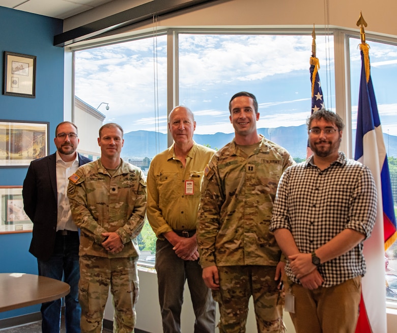 (l-r): Jacob Pauley, deputy district engineer, USACE-Albuquerque District; Lt. Col. Matthew Miller, left, commander, USACE-Albuquerque District; Armand Groffman, vice president of the Regina, N.M., Mutual Domestic Water Consumers Association; Capt. Garrett Falk, civil works project manager, USACE-Albuquerque District; and Andrew Petersen, project manager in the USACE-Albuquerque District’s Civil Works Branch, after the environmental infrastructure agreement signing at the district’s office, June 27, 2025.