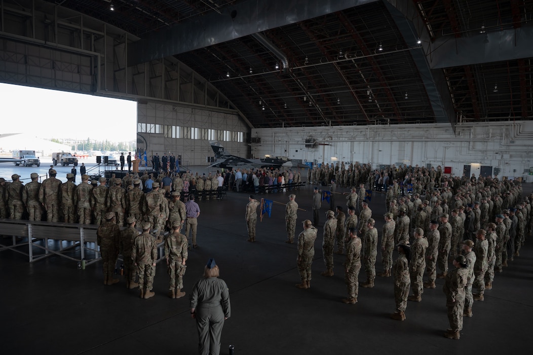 U.S. Air Force Airmen assigned to the 354th Fighter Wing, attend the 354th FW Change of Command ceremony at Eielson Air Force Base, Alaska, July 2, 2025.