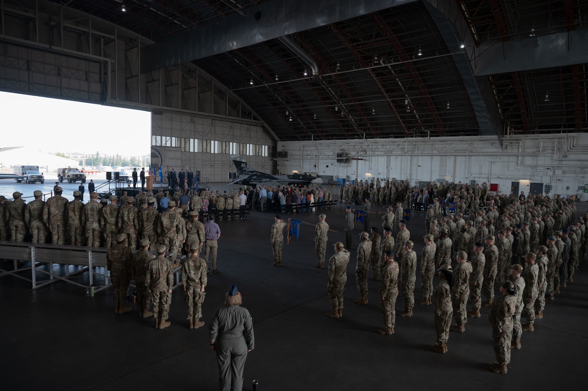 U.S. Air Force Airmen assigned to the 354th Fighter Wing, attend the 354th FW Change of Command ceremony at Eielson Air Force Base, Alaska, July 2, 2025.