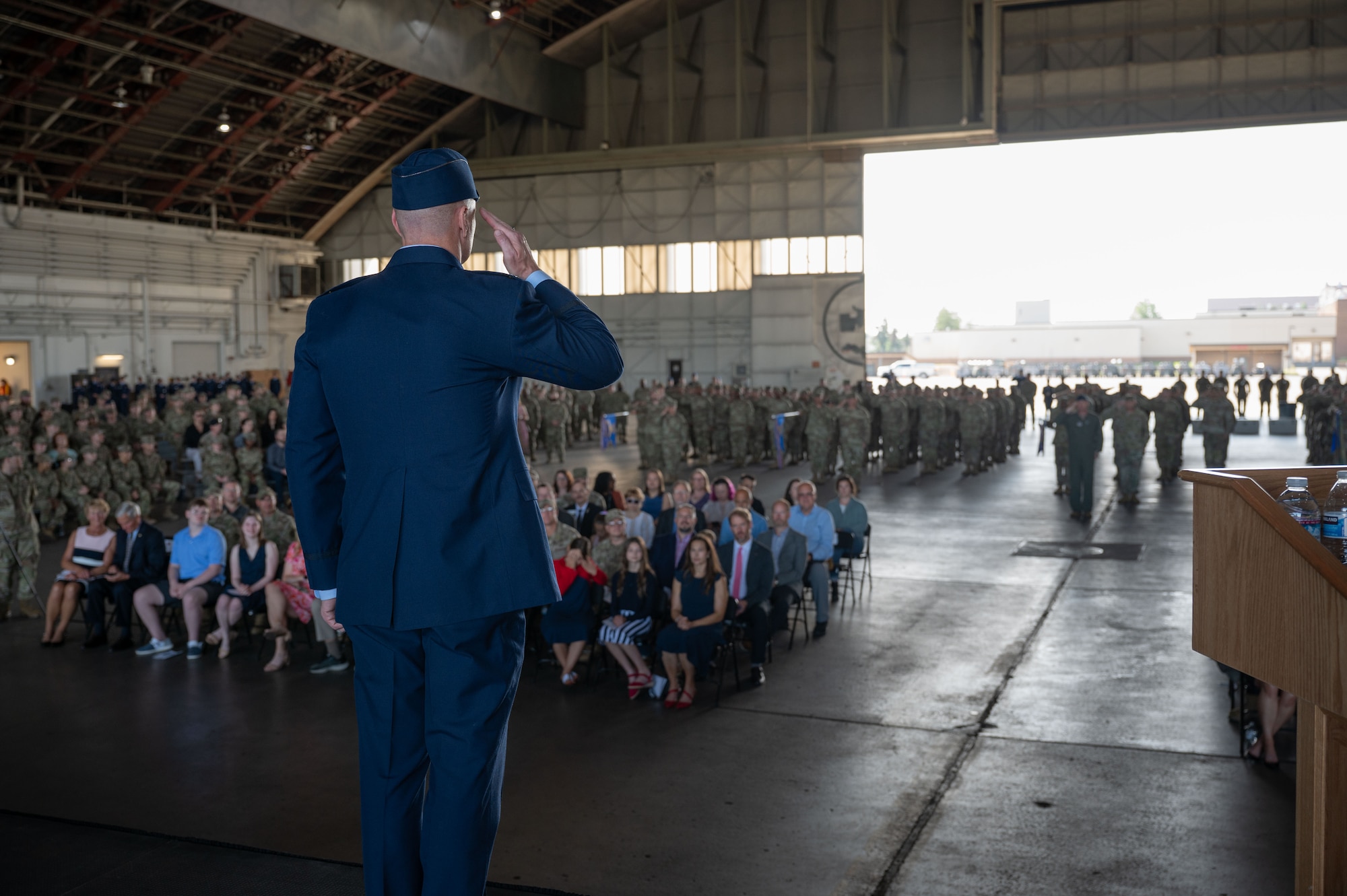U.S. Air Force Col. Paul Townsend, 354th Fighter Wing outgoing commander, gives the final salute during the 354th FW Change of Command ceremony at Eielson Air Force Base, Alaska, July 2, 2025.