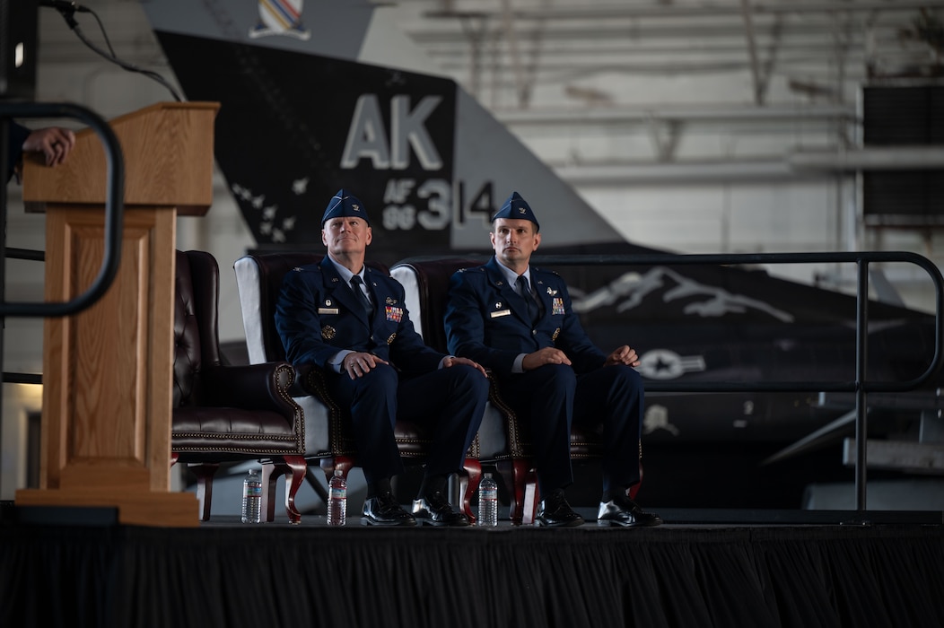 U.S. Air Force Col. Paul Townsend, 354th Fighter Wing outgoing commander, and Col. Matthew Johnston, 354th FW incoming commander, attend the 354th FW Change of Command ceremony at Eielson Air Force Base, Alaska, July 2, 2025.