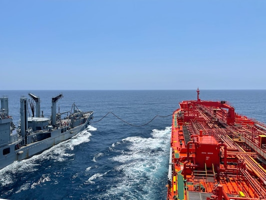 Republic of Korea’s Cheonji-class fast combat support ship ROKS Daecheong (AOE-58) connects its fuel line to Military Sealift Command’s commercial charter oiler MT Allied Pacific during conducted a simulated consolidated cargo replenishment at sea (CONSOL), at Chinhae, June 19, 2025. (Courtesy photo)