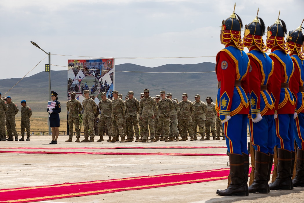 Multinational soldiers stand in formation during the closing ceremony of Khaan Quest 2025, on June 28, 2025, at Five Hills Training Area.