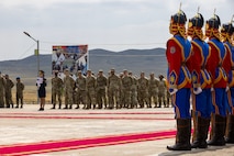 Multinational soldiers stand in formation during the closing ceremony of Khaan Quest 2025, on June 28, 2025, at Five Hills Training Area.