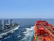 Republic of Korea’s Cheonji-class fast combat support ship ROKS Daecheong (AOE-58) connects its fuel line to Military Sealift Command’s commercial charter oiler MT Allied Pacific during conducted a simulated consolidated cargo replenishment at sea (CONSOL), at Chinhae, June 19, 2025. (Courtesy photo)
