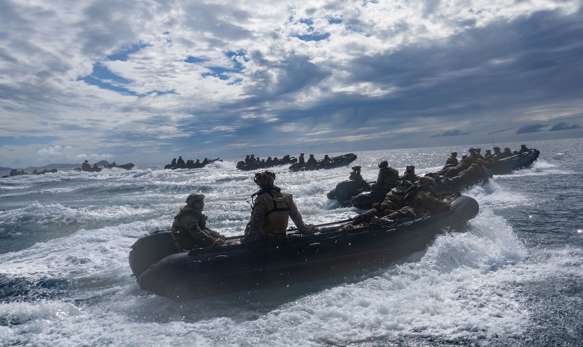 U.S. Marines with Baker Company, Battalion Landing Team 1st Battalion, 7th Marine Regiment, 31st Marine Expeditionary Unit, conduct ship-to-shore movement, utilizing the Enhanced Combat Rubber Reconnaissance Craft, in the Coral Sea, June 29, 2025.