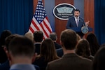 Chief Pentagon Spokesman Sean Parnell conducts a press briefing at the Pentagon, July 2, 2025.