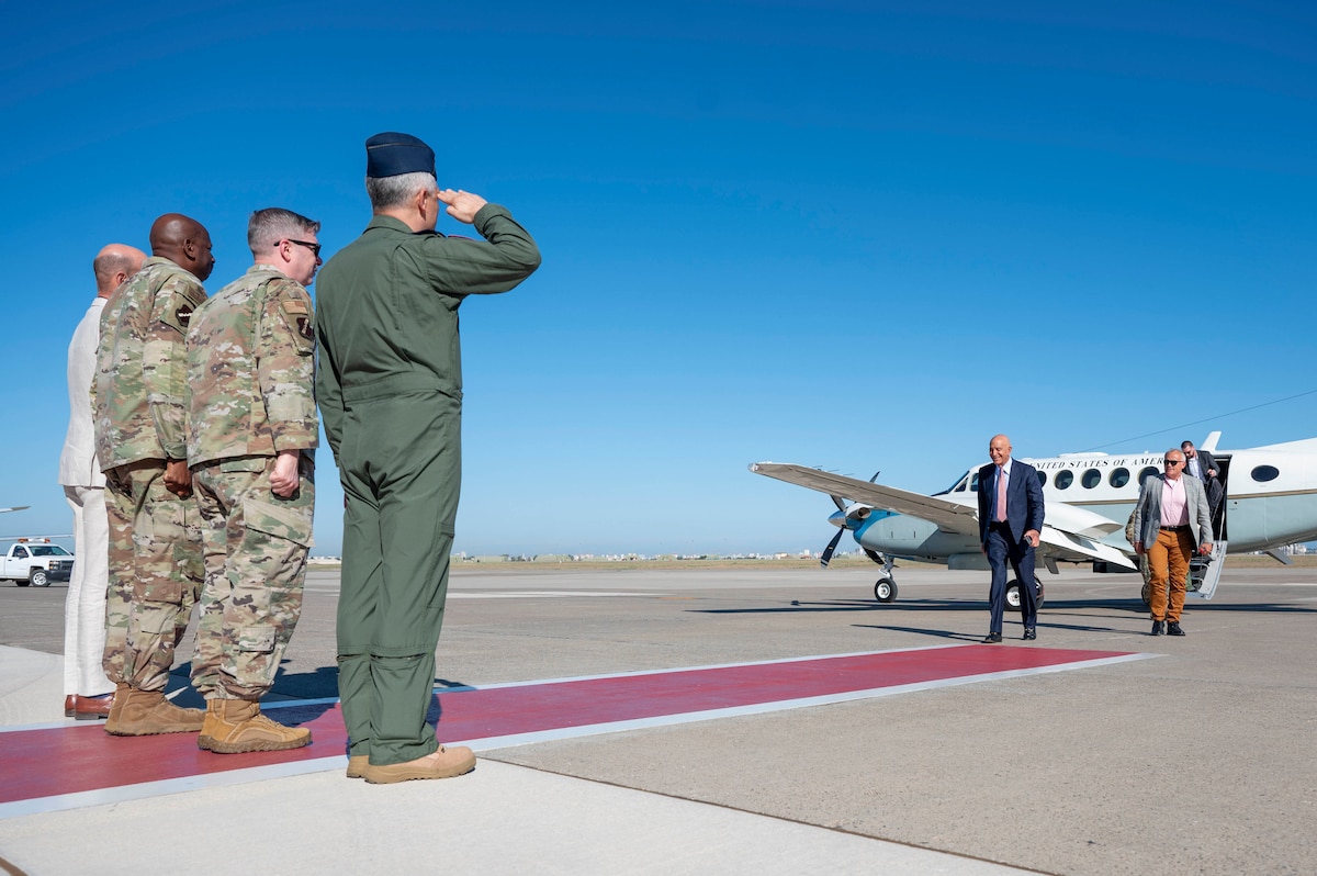 Ambassador to Türkiye, is greeted by 39th Air Base Wing leadership and embassy personnel during a distinguished visitor tour at Incirlik Air Base, Türkiye, July 1, 2025. On his first visit to Incirlik Air Base, Barrack received a wing mission brief, toured key areas of the installation, and recognized U.S. personnel for their support to the mission, emphasizing the importance of continued cooperation between U.S. and Turkish counterparts in advancing regional stability. (U.S. Air Force photo by Staff Sgt. Koby I. Saunders)