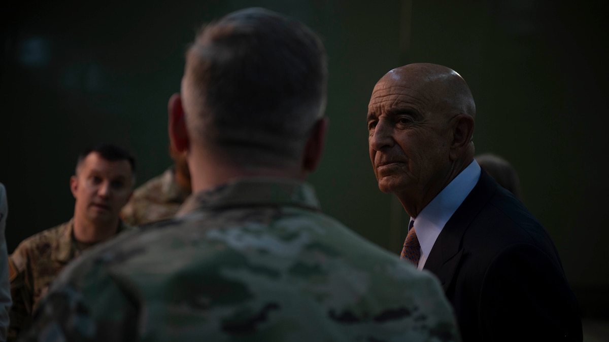 Ambassador Thomas Barrack, U.S. Ambassador to Türkiye, is briefed by U.S. Air Force Col. Albert Esposito, 39th Air Base Wing commander during a distinguished visitor tour at Incirlik Air Base, Türkiye, July 1, 2025. On his first visit to Incirlik Air Base, Barrack received a wing mission brief, toured key areas of the installation, and recognized U.S. personnel for their support to the mission, emphasizing the importance of continued cooperation between U.S. and Turkish counterparts in advancing regional stability. (U.S. Air Force photo by Staff Sgt. Koby I. Saunders)