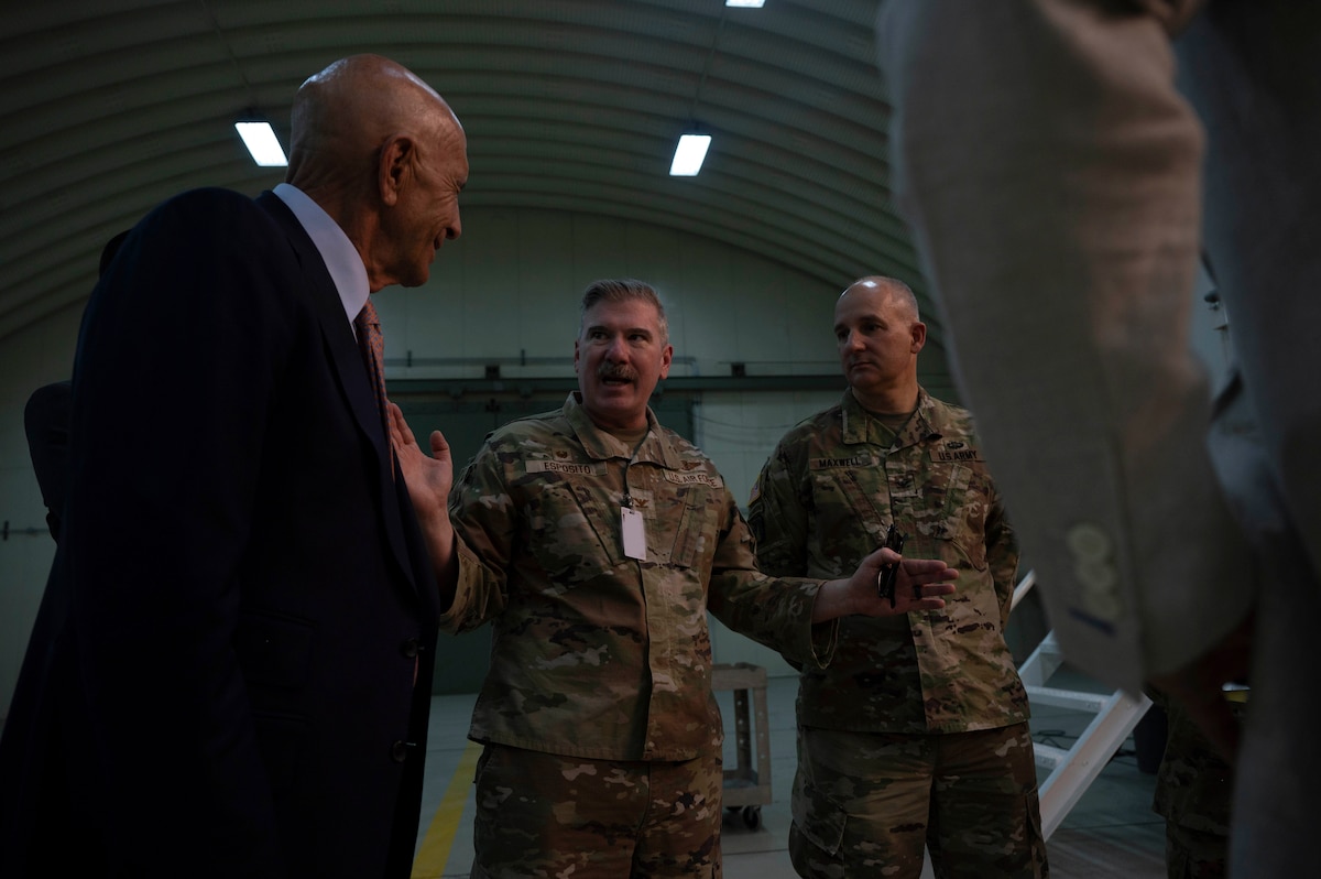 Ambassador Thomas Barrack, U.S. Ambassador to Türkiye, is briefed by U.S. Air Force Col. Mike Esposito, 39th Air Base Wing commander during a distinguished visitor tour at Incirlik Air Base, Türkiye, July 1, 2025. On his first visit to Incirlik Air Base, Barrack received a wing mission brief, toured key areas of the installation, and recognized U.S. personnel for their support to the mission, emphasizing the importance of continued cooperation between U.S. and Turkish counterparts in advancing regional stability. (U.S. Air Force photo by Staff Sgt. Koby I. Saunders)