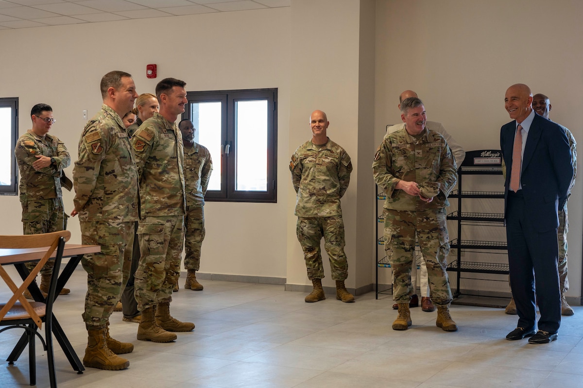 Ambassador Thomas Barrack, U.S. Ambassador to Türkiye, meets U.S. Airmen assigned to the 39th Air Base Wing during a distinguished visitor tour at Incirlik Air Base, Türkiye, July 1, 2025. On his first visit to Incirlik Air Base, Barrack received a wing mission brief, toured key areas of the installation, and recognized U.S. personnel for their support to the mission, emphasizing the importance of continued cooperation between U.S. and Turkish counterparts in advancing regional stability. (U.S. Air Force photo by Staff Sgt. Koby I. Saunders)