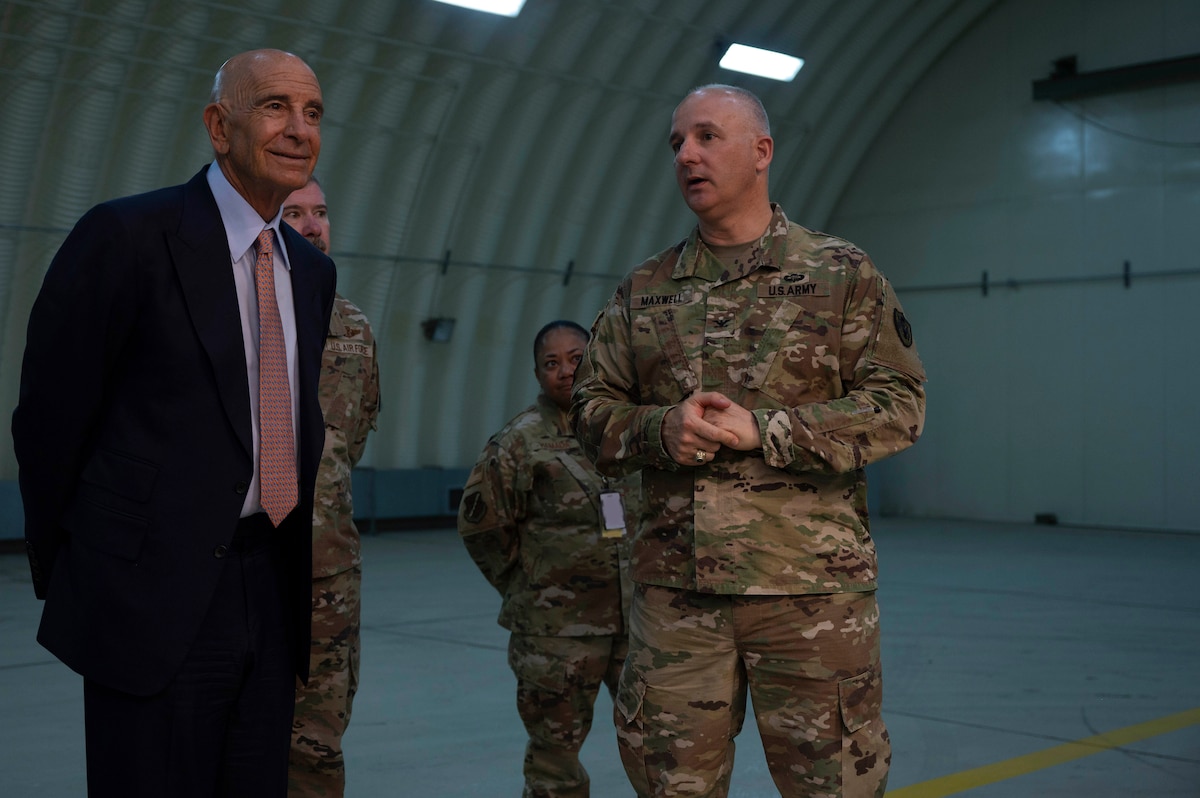 U.S. Army Col. Scott Maxwell, right, U.S. Army attache to Türkiye, briefs Ambassador Thomas Barrack, U.S. Ambassador to Türkiye, during a distinguished visitor tour at Incirlik Air Base, Türkiye, July 1, 2025. On his first visit to Incirlik Air Base, Barrack received a wing mission brief, toured key areas of the installation, and recognized U.S. personnel for their support to the mission, emphasizing the importance of continued cooperation between U.S. and Turkish counterparts in advancing regional stability. (U.S. Air Force photo by Staff Sgt. Koby I. Saunders)