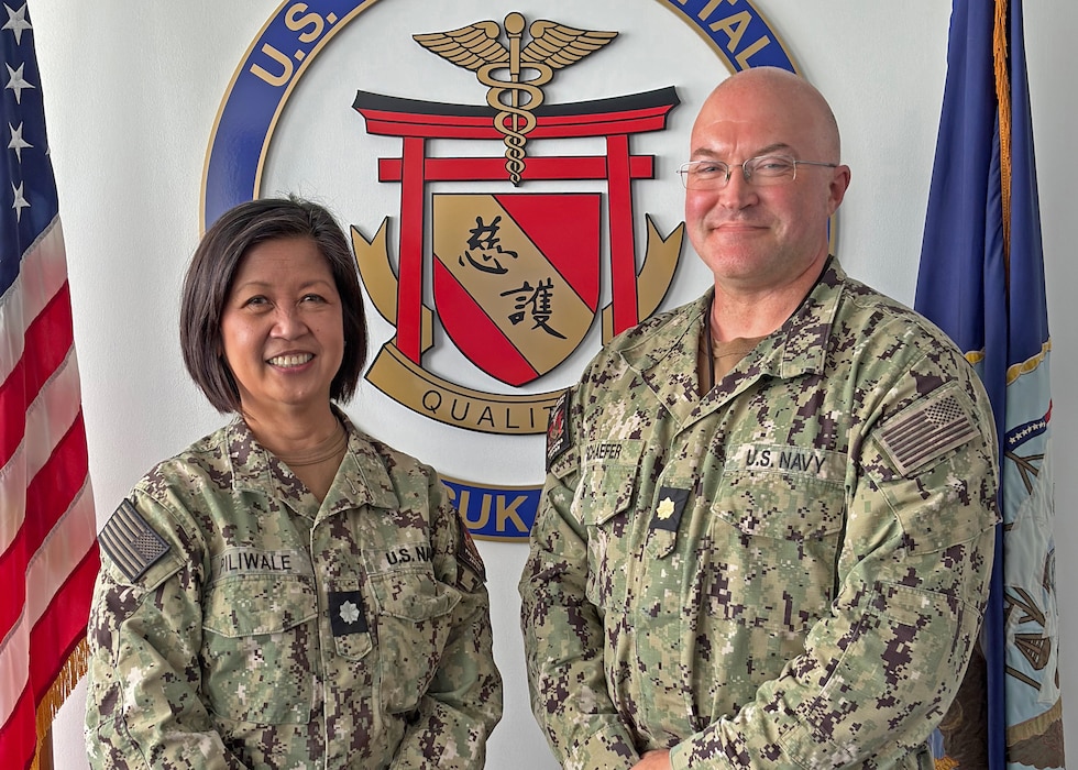 YOKOSUKA, Japan (July 1, 2025) — Cmdr. Mary Piliwale, associate director for public health, and Lt. Cmdr. Asa Schaefer, chief information officer at United States Navy Medicine Readiness and Training Command (USNMRTC) Yokosuka, won the Other Process Improvement category in the 2025 Naval Medical Forces Pacific Continuous Process Improvement Project Competition. Piliwale, of Kapolei, Hawaii, and Schaefer, of Decatur, Illinois, were recognized for their project, “Increase Mass Vaccination Efficiency and Documentation Compliance,” which addressed inefficiencies in NMRTC Yokosuka’s manual mass vaccination process. Their improvements reduced patient wait times and improved post-vaccination documentation compliance. (U.S. Navy photo by Daniel Taylor/USNMRTC Yokosuka Public Affairs)
