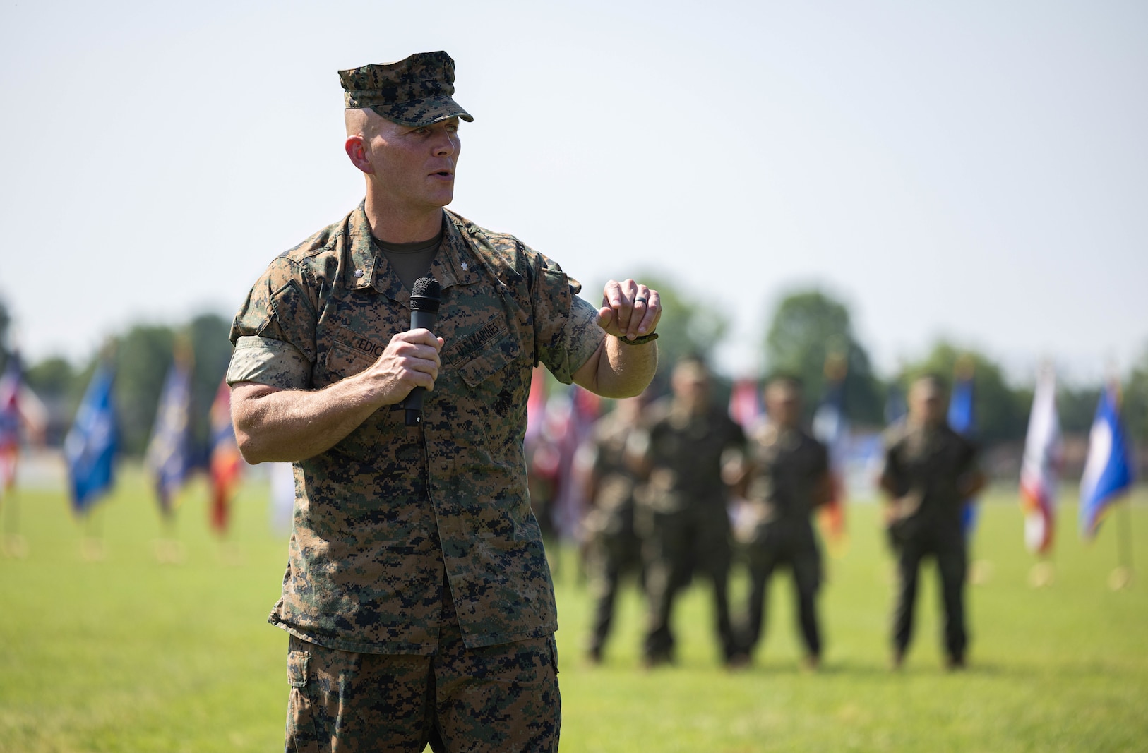 U.S. Marine Corps Lt. Col. Denver M. Edick, incoming commanding officer for Security Battalion, addresses the attendees during the Security Battalion change of command ceremony on Marine Corps Base Quantico, Virginia, June 26, 2025. During the ceremony Lt. Col. Gerard W. Vanderwaal was relieved in his duties as commander of Security Battalion by Lt. Col. Denver M. Edick. (U.S. Marine Corps photo by Sgt. Chancellor Reynolds)
