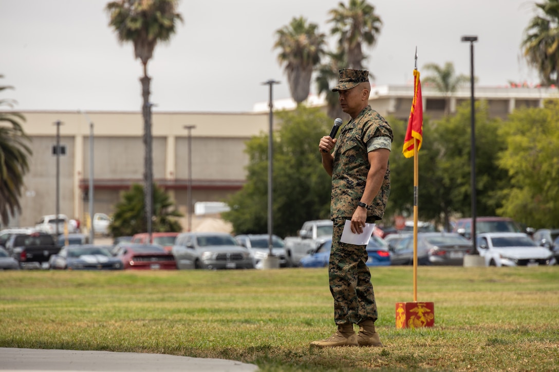 U.S. Marine Corps Sgt. Maj. Peter A. Siaw, the command senior enlisted leader of I Marine Expeditionary Force, gives his remarks during a relief and appointment ceremony at Marine Corps Base Camp Pendleton, California, July 2, 2025.