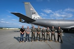 Civic leaders and newly commissioned U.S. Air Force pilot trainees gather with the 168th Wing KC-135 Stratotanker aircrew following an aerial refueling mission during Red Flag-Alaska 25-2, June 24, 2025. The event provided participants with a unique opportunity to witness the complex coordination and precision required for refueling U.S. and allied aircraft in flight. This experience highlighted the critical role the 168th Wing plays in sustaining readiness and strengthening defense capabilities throughout the Indo-Pacific region.