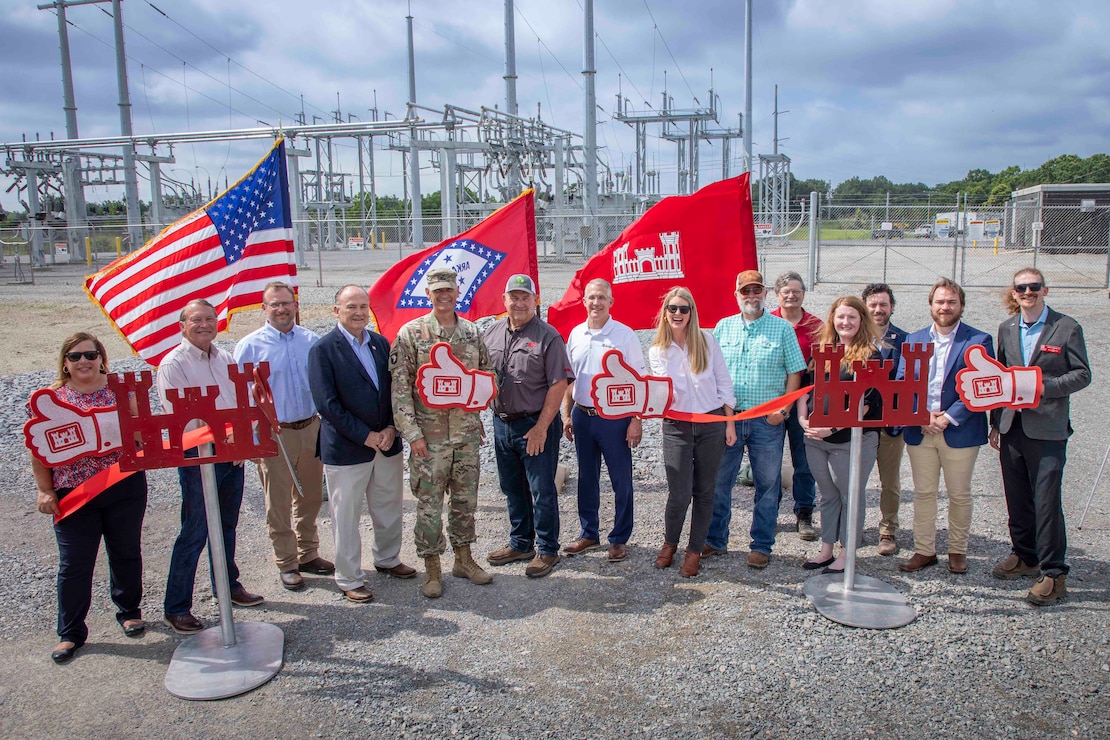 Memphis District Commander Col. Brian Sawser and Acting Deputy District Engineer for Programs and Project Management Anna Prestwood joined Project Manager Billy Grantham, his project delivery team, and project partners, including the Arkansas Department of Agriculture, the White River Irrigation District, and contractor Entergy Arkansas in celebrating the project’s completion with a ribbon cutting ceremony. 

The Grand Prairie Electrical Substation provides power to the Grand Prairie Pumping Station. Both the electrical substation and the pumping station are critical components of the Grand Prairie Area Demonstration Project (GPADP) located in Arkansas' Grand Prairie--an area in the east-central portion of the state situated between the White and Arkansas Rivers. (USACE Photo/VI Specialist Vance Harris)