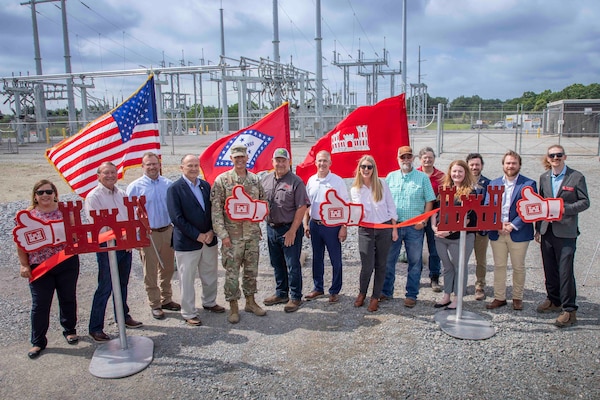 Memphis District Commander Col. Brian Sawser and Acting Deputy District Engineer for Programs and Project Management Anna Prestwood joined Project Manager Billy Grantham, his project delivery team, and project partners, including the Arkansas Department of Agriculture, the White River Irrigation District, and contractor Entergy Arkansas in celebrating the project’s completion with a ribbon cutting ceremony. 

The Grand Prairie Electrical Substation provides power to the Grand Prairie Pumping Station. Both the electrical substation and the pumping station are critical components of the Grand Prairie Area Demonstration Project (GPADP) located in Arkansas' Grand Prairie--an area in the east-central portion of the state situated between the White and Arkansas Rivers. (USACE Photo/VI Specialist Vance Harris)