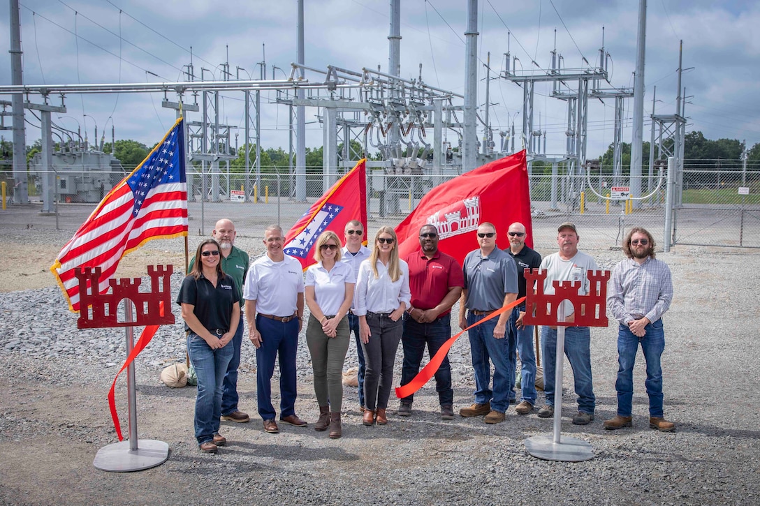 Memphis District Commander Col. Brian Sawser and Acting Deputy District Engineer for Programs and Project Management Anna Prestwood joined Project Manager Billy Grantham, his project delivery team, and project partners, including the Arkansas Department of Agriculture, the White River Irrigation District, and contractor Entergy Arkansas in celebrating the project’s completion with a ribbon cutting ceremony. 

The Grand Prairie Electrical Substation provides power to the Grand Prairie Pumping Station. Both the electrical substation and the pumping station are critical components of the Grand Prairie Area Demonstration Project (GPADP) located in Arkansas' Grand Prairie--an area in the east-central portion of the state situated between the White and Arkansas Rivers. (USACE Photo/VI Specialist Vance Harris)