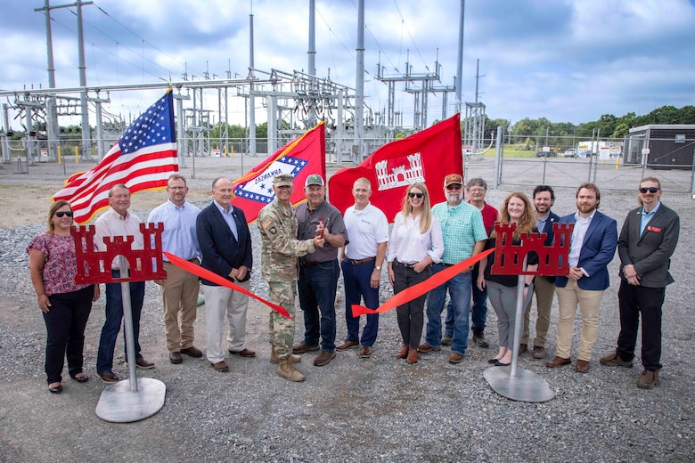 Memphis District Commander Col. Brian Sawser and Acting Deputy District Engineer for Programs and Project Management Anna Prestwood joined Project Manager Billy Grantham, his project delivery team, and project partners, including the Arkansas Department of Agriculture, the White River Irrigation District, and contractor Entergy Arkansas in celebrating the project’s completion with a ribbon cutting ceremony. 

The Grand Prairie Electrical Substation provides power to the Grand Prairie Pumping Station. Both the electrical substation and the pumping station are critical components of the Grand Prairie Area Demonstration Project (GPADP) located in Arkansas' Grand Prairie--an area in the east-central portion of the state situated between the White and Arkansas Rivers. (USACE Photo/VI Specialist Vance Harris)