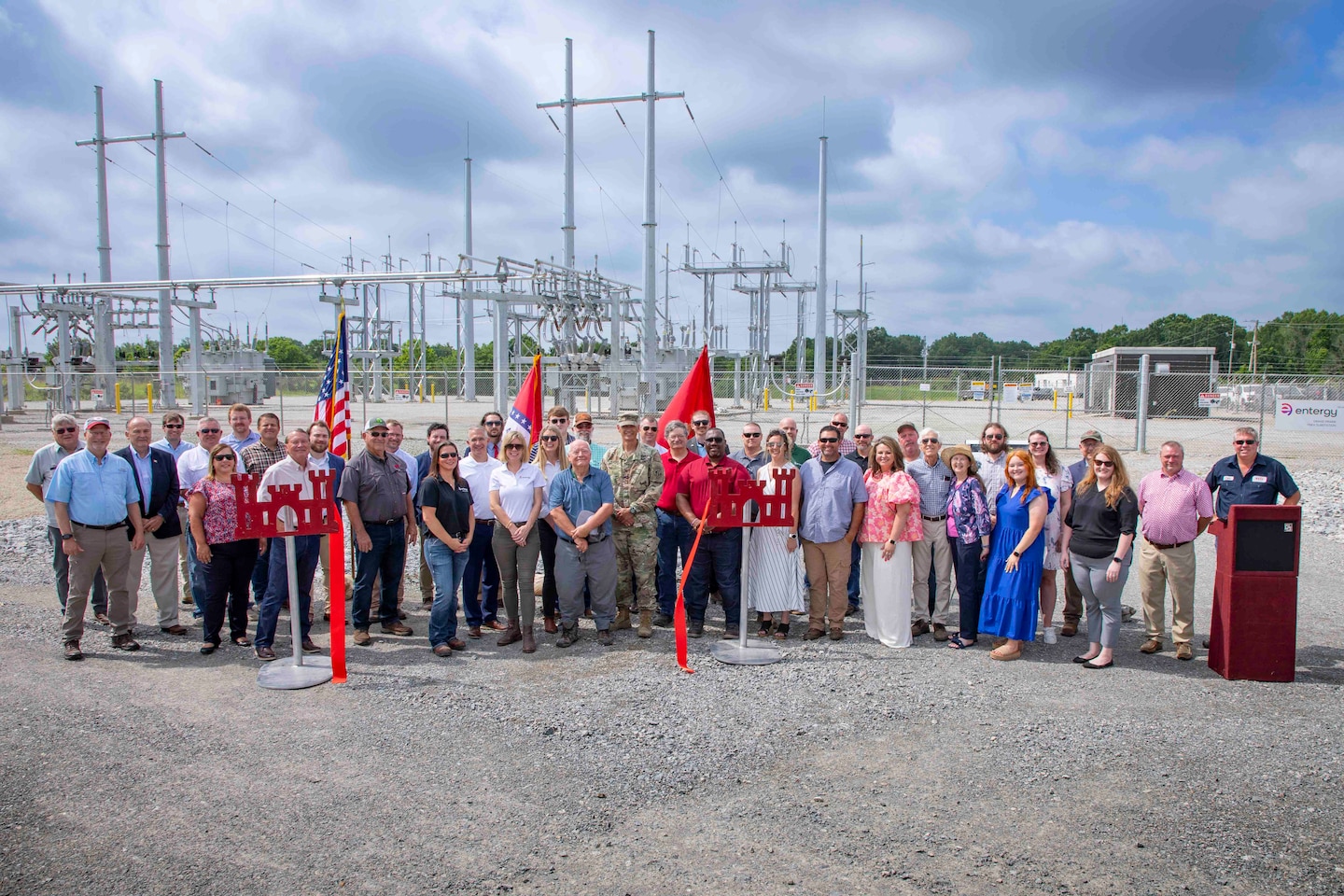 Memphis District Commander Col. Brian Sawser and Acting Deputy District Engineer for Programs and Project Management Anna Prestwood joined Project Manager Billy Grantham, his project delivery team, and project partners, including the Arkansas Department of Agriculture, the White River Irrigation District, and contractor Entergy Arkansas in celebrating the project’s completion with a ribbon cutting ceremony. 

The Grand Prairie Electrical Substation provides power to the Grand Prairie Pumping Station. Both the electrical substation and the pumping station are critical components of the Grand Prairie Area Demonstration Project (GPADP) located in Arkansas' Grand Prairie--an area in the east-central portion of the state situated between the White and Arkansas Rivers. (USACE Photo/VI Specialist Vance Harris)
