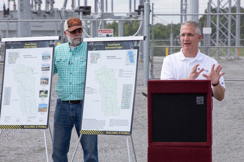 Memphis District Commander Col. Brian Sawser and Acting Deputy District Engineer for Programs and Project Management Anna Prestwood joined Project Manager Billy Grantham, his project delivery team, and project partners, including the Arkansas Department of Agriculture, the White River Irrigation District, and contractor Entergy Arkansas in celebrating the project’s completion with a ribbon cutting ceremony. 

The Grand Prairie Electrical Substation provides power to the Grand Prairie Pumping Station. Both the electrical substation and the pumping station are critical components of the Grand Prairie Area Demonstration Project (GPADP) located in Arkansas' Grand Prairie--an area in the east-central portion of the state situated between the White and Arkansas Rivers. (USACE Photo/VI Specialist Vance Harris)