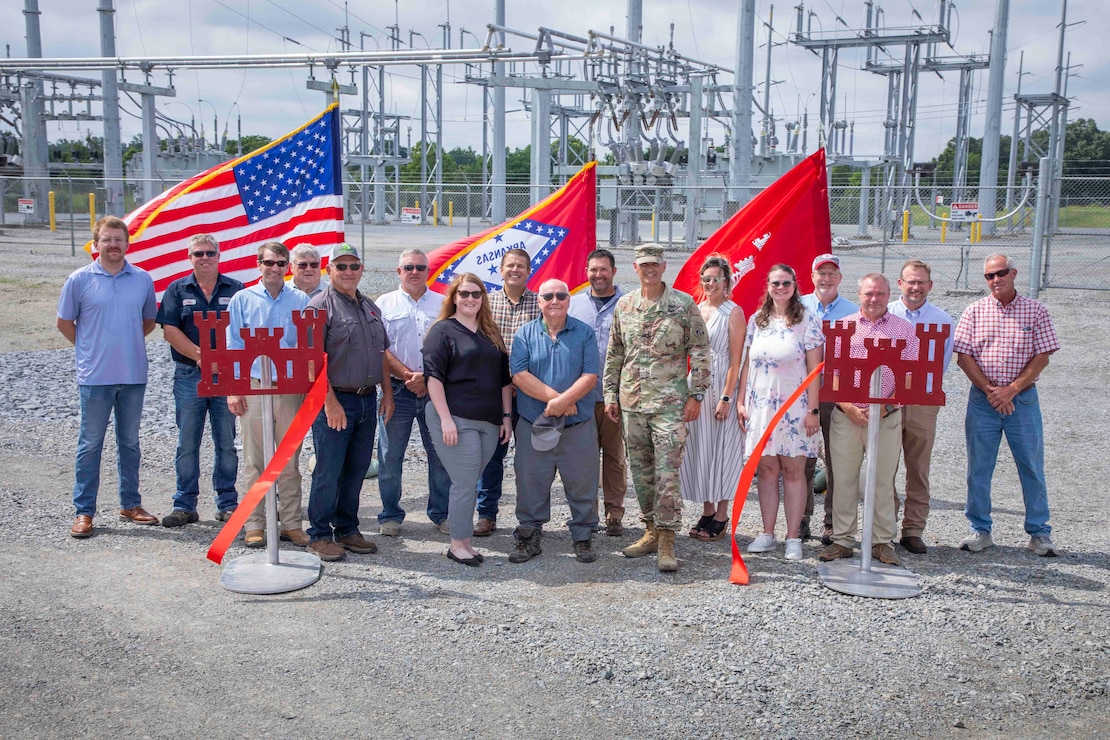 Memphis District Commander Col. Brian Sawser and Acting Deputy District Engineer for Programs and Project Management Anna Prestwood joined Project Manager Billy Grantham, his project delivery team, and project partners, including the Arkansas Department of Agriculture, the White River Irrigation District, and contractor Entergy Arkansas in celebrating the project’s completion with a ribbon cutting ceremony. (USACE Photo/VI Specialist Vance Harris)