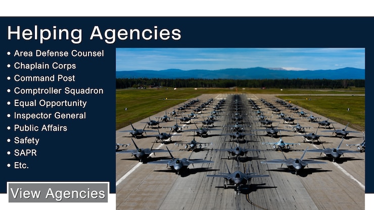 Follow this link for the Helping Agencies webpage to view information such as the Area Defense Counsel, Chaplain Corps, Finance Office, Public Affairs, and more.