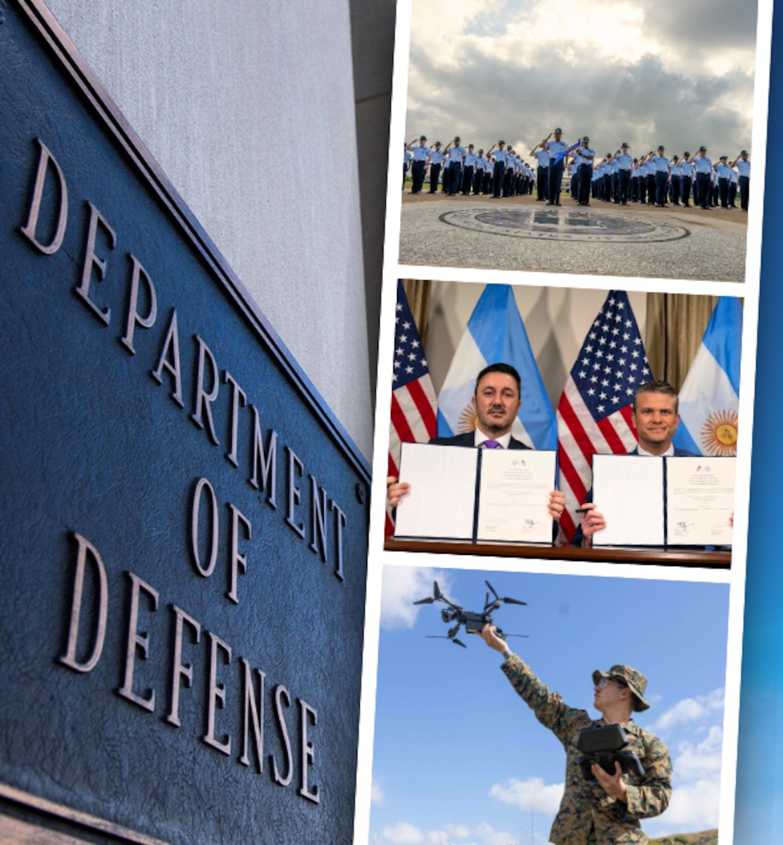 In a graphic, the a plaque on a building reads Department of Defense while on the right three phots display stacked top to bottom. Service members salute on the top photo, two people hold binders open in the middle photo and a person holds a drone on the bottom photo.
