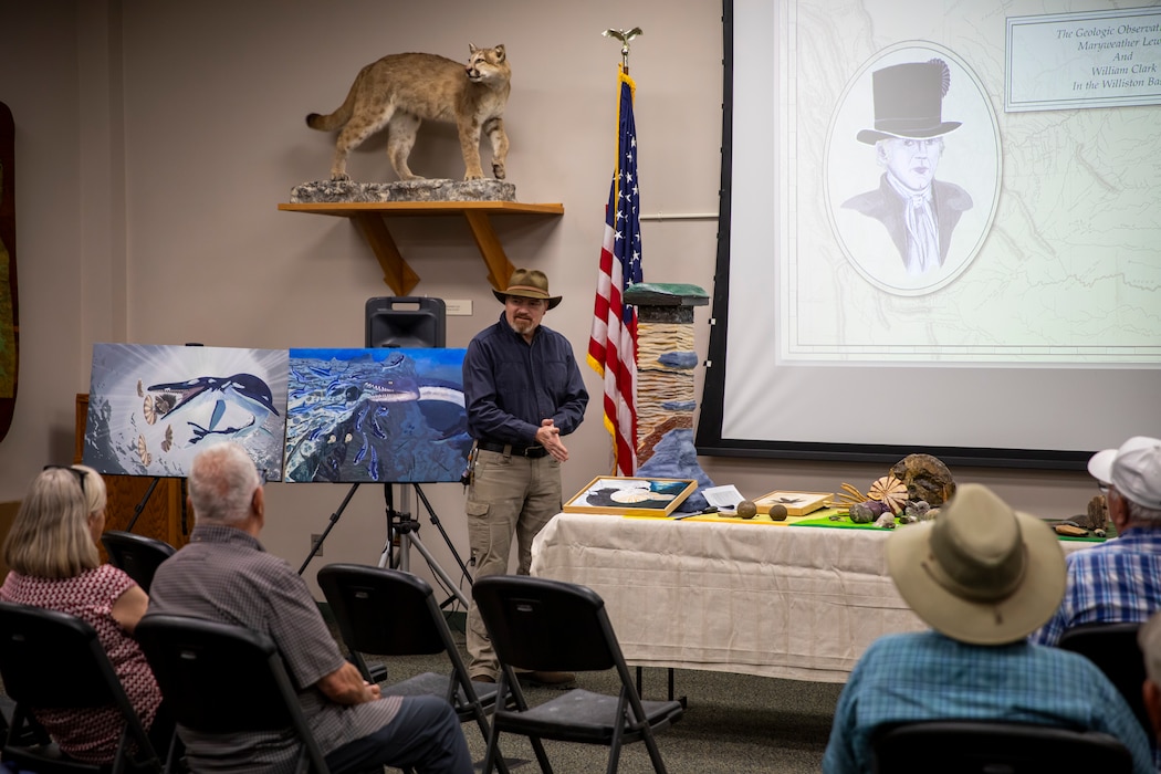 Local paleo-ecologist Joseph Garcia shares Lewis and Clark’s observations of the Cretaceous period in Northeast Montana and answers questions about the many fossils he had on hand during a presentation at the U.S. Army Corps of Engineers’ Fort Peck Interpretive Center and Museum in Fort Peck, Montana, June 21, 2025, during the center’s 20th anniversary celebration.
