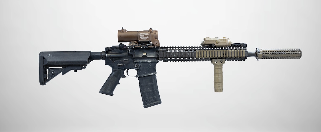 A M4A1 Carbine displayed at a National Museum of the Marine Corps storage facility, Marine Corps Base Quantico, Virginia, July 1, 2025.  (U.S. Marine Corps photo illustration by Sgt. James Stanfield)