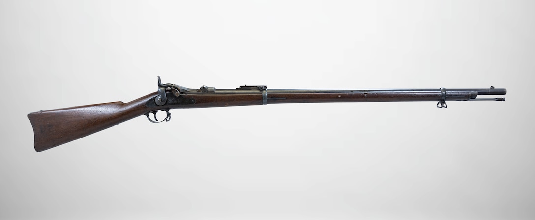 A U.S. Springfield Model 1873 "Trapdoor" displayed at a National Museum of the Marine Corps storage facility, Marine Corps Base Quantico, Virginia, July 1, 2025.  (U.S. Marine Corps photo illustration by Sgt. James Stanfield)