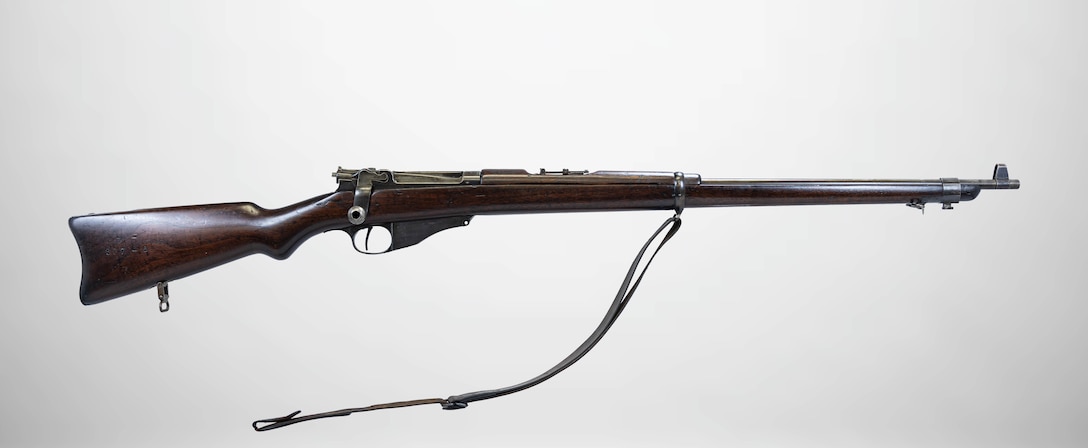 A U.S. Model 1895 Winchester-Lee Straight Pull Rifle displayed at a National Museum of the Marine Corps storage facility, Marine Corps Base Quantico, Virginia, July 1, 2025.  (U.S. Marine Corps photo illustration by Sgt. James Stanfield)