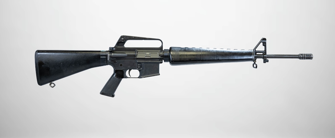 A M16A1 Rifle displayed at a National Museum of the Marine Corps storage facility, Marine Corps Base Quantico, Virginia, July 1, 2025.  (U.S. Marine Corps photo illustration by Sgt. James Stanfield)